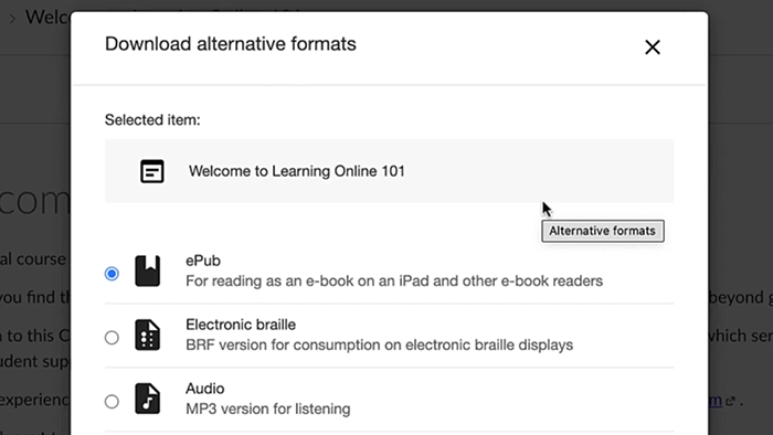 Screenshot of Ally tool in Canvas, which allows students to download content in alternative formats like ePub, electronic braile, or audio